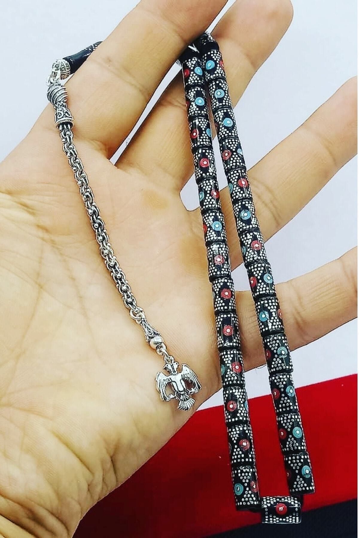 925 Ayar Gümüş Püsküllü -Firuze Mercan İşleme -Kesme Oltu Taşı Tesbih -7-11 Mm Ölçüsünde