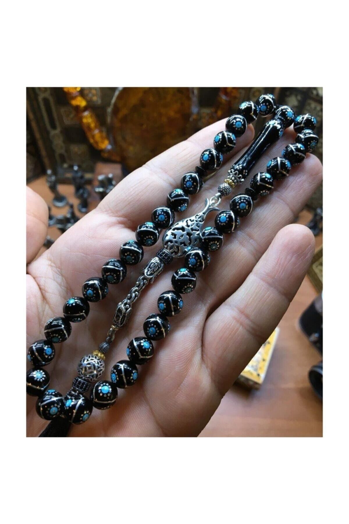 Özel İşçilikli Saray Püsküllü Kumpaslı Mercan -Karpuz İşleme Oltu Tesbih 10 mm